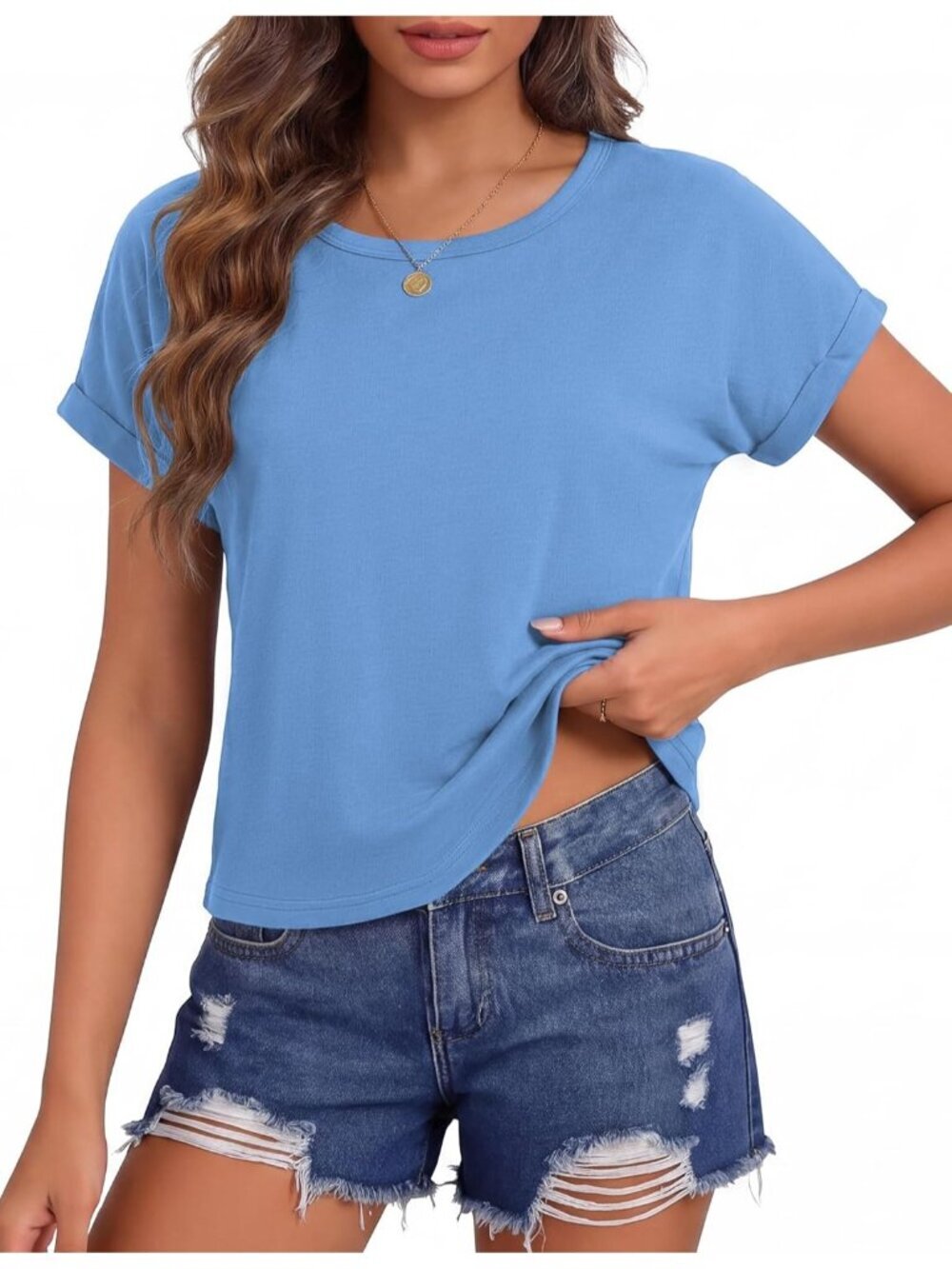 Women's Blue Roll Short Sleeve Crewneck Loose Fit Boxy Pull On Crop Tops